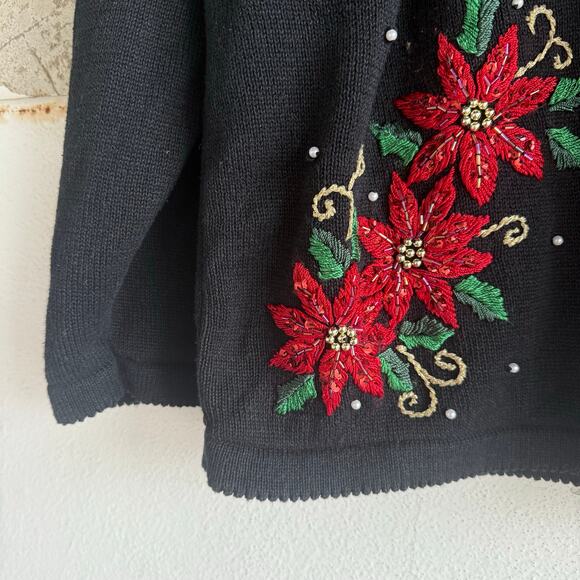 Vtg 90s Christmas Sweater Poinsettias Retro Holiday Embroidered Ugly XMAS XL - Picture 3 of 10